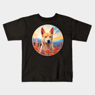 Carolina Dog Mountain Flower Cute Colorful Puppy Dog Kids T-Shirt